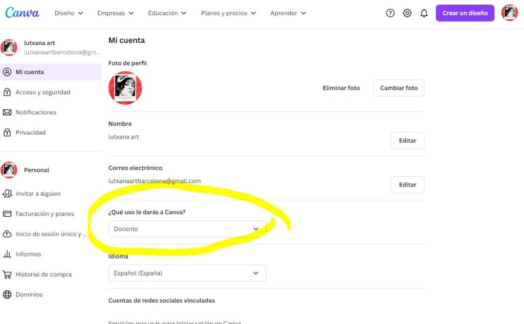vista perfil docente en Canva para poder acceder a todas la herramientas con Inteligencia Artificial