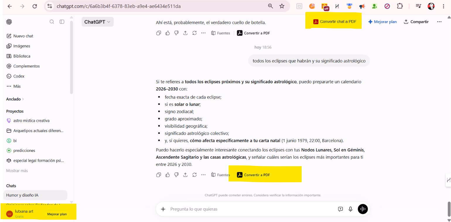 Si usas la versión gratis de Chat GPT puedes pedirle siempre que quieras que te convierta lo que le pidas en PDF.