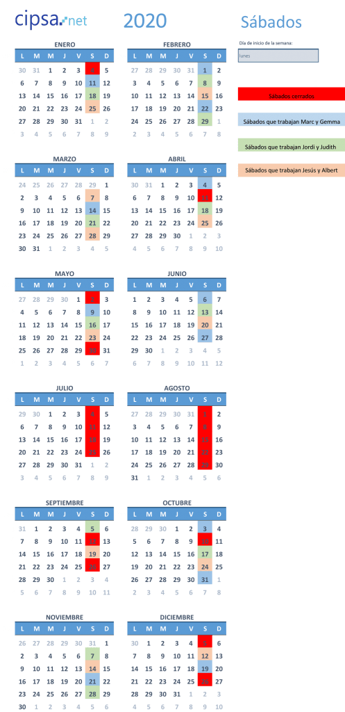 calendario sábados profesores CIPSA Barcelona 2020