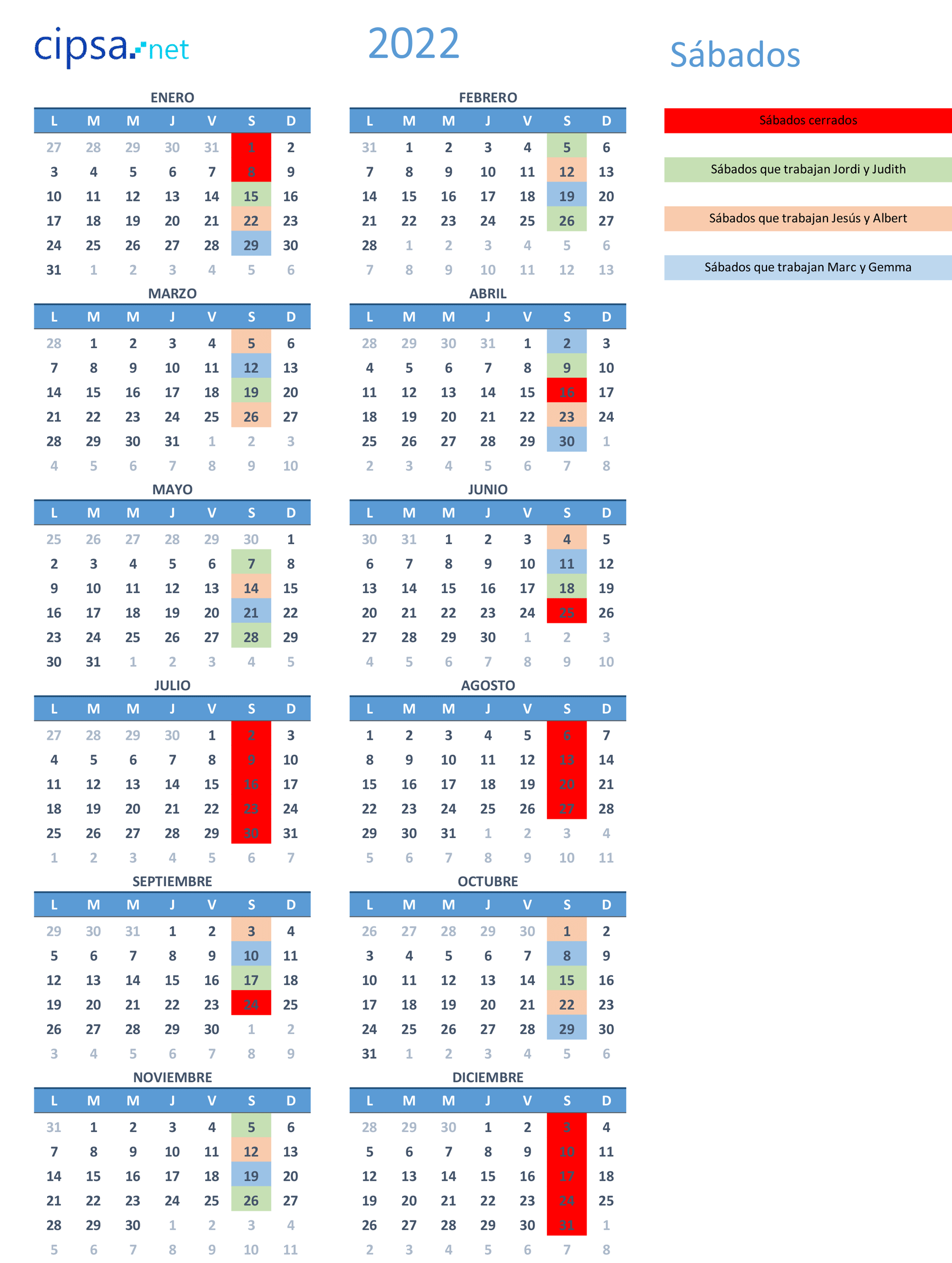 Calendario CIPSA Barcelona 2022 sábados
