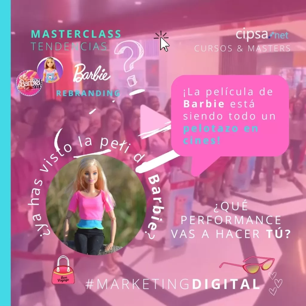 💙Descubre el rebranding y el fenómeno viral de Barbie. Directo miércoles 26 julio YouTube CIPSA 18H Masterclass Rebranding. 💙Barbie estaba en crisis, ya no conectaba con las nuevas generaciones actuales. 💙Ha aplicado una gran campaña de “Rebranding” o relanzamiento, reposicionamiento, etc.; cambiando su imagen y valores para proyectar ahora empoderamiento femenino, ecologismo, animalismo, y conectar con el futuro. 💙Para ello han creado todo tipo de acciones como crear filtros especiales en Tik tok, reels, Snapchat, para hacer que la gente e influencers hagan videos #UGCcontent y se cree el fenómeno viral. ¡El #rosa ya es el color de moda este verano 2023! 💜¿Y tú has ido a ver la película? 💙🌸¿Qué performance vas a hacer o has hecho? ¡Te esperamos! 💙 Masterclass *Rebranding Barbie * Cambio de imagen + valores nuevos Miércoles 26 DE JULIO 18h directo Profesora Judith Díaz Garcés Master Marketing Digital CIPSA Barcelona Link: https://cipsa.net/rebranding-barbie-fenomeno-viral/ . . .#barbie #rebranding #masterclass #marketingdigital #modabarbie #moodbarbie #hypebarbie #hype #fenomenobarbie #videoviral #viral #tendencias #videoviral #marketingtips #tips #estudiaconmigo #marketingdigital #marketingviral #marketingbarbie 