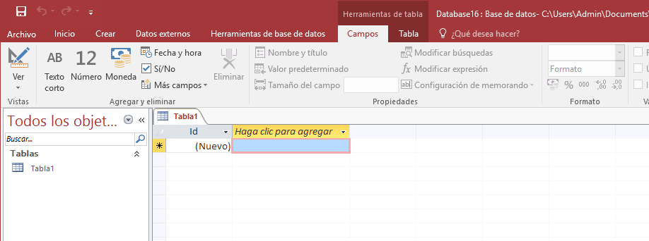 Access tabla vacía denominada Tabla1 