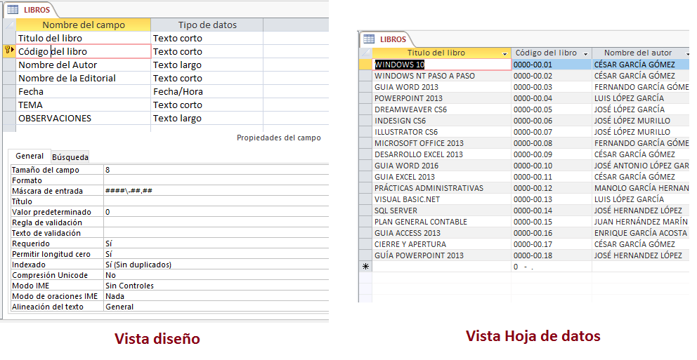 Access Tipos de vista Diseño y Hoja de datos