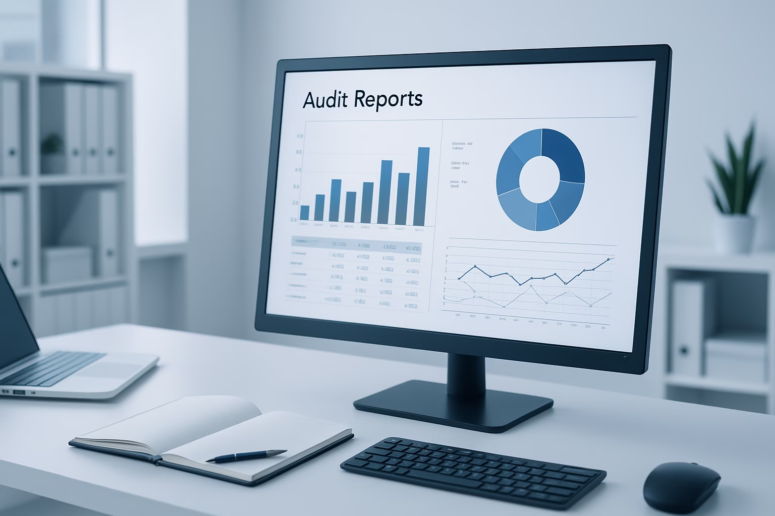 auditoría interna - office worker reviewing audit reports on a computer screen, professional style, | CIPSA