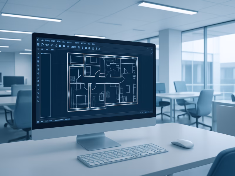 AutoCAD 2D 2026 - Futuristic office interior design with AutoCAD 2D on a digital screen, high-qual | CIPSA