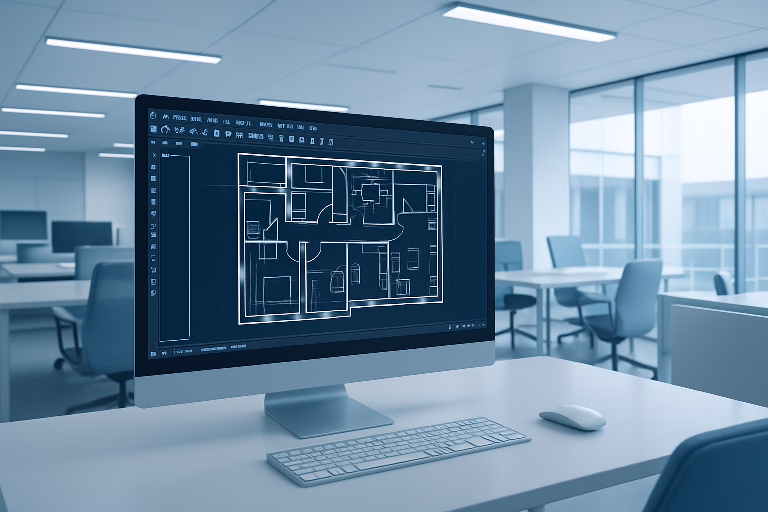 AutoCAD 2D 2026 - Futuristic office interior design with AutoCAD 2D on a digital screen, high-qual | CIPSA
