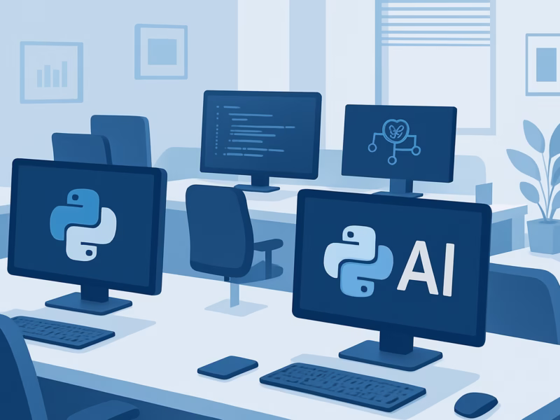 automatización Python - a diverse group of developers working on Python AI projects in a modern office e | CIPSA