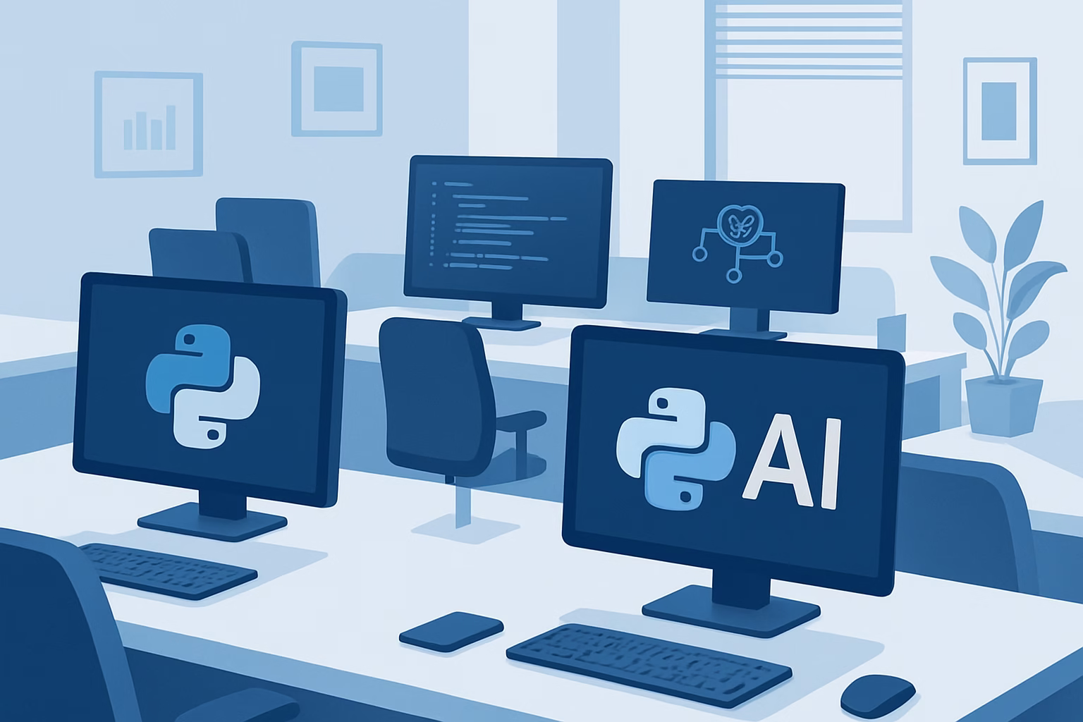 automatización Python - a diverse group of developers working on Python AI projects in a modern office e | CIPSA