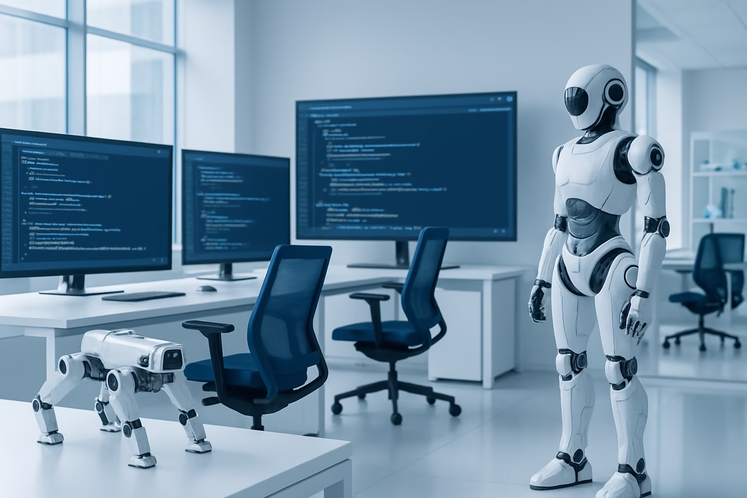 automatización Python - futuristic office with robotics and Python code on screens in the background | CIPSA