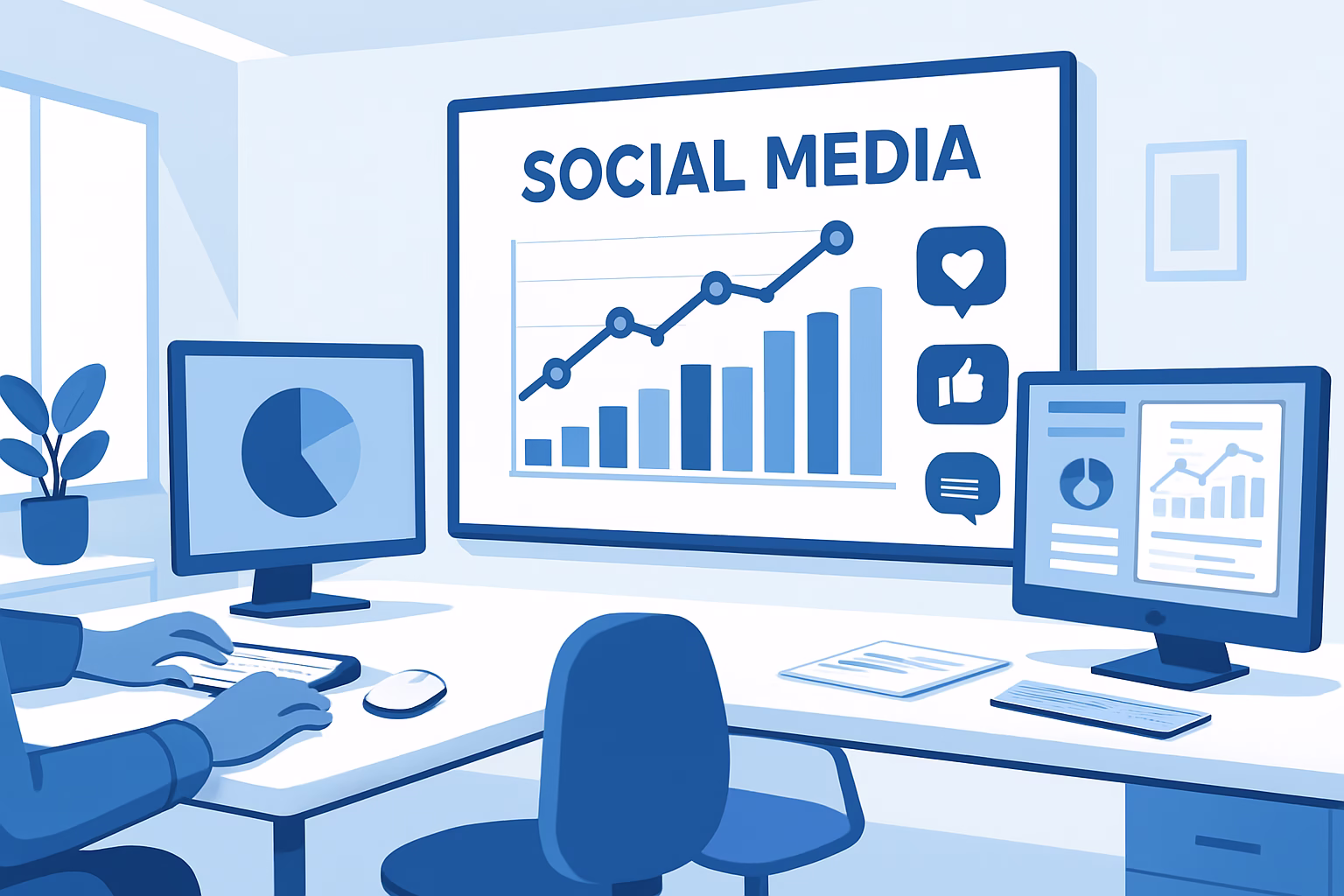 community manager - a diverse group of professionals working on social media analytics in an office, | CIPSA