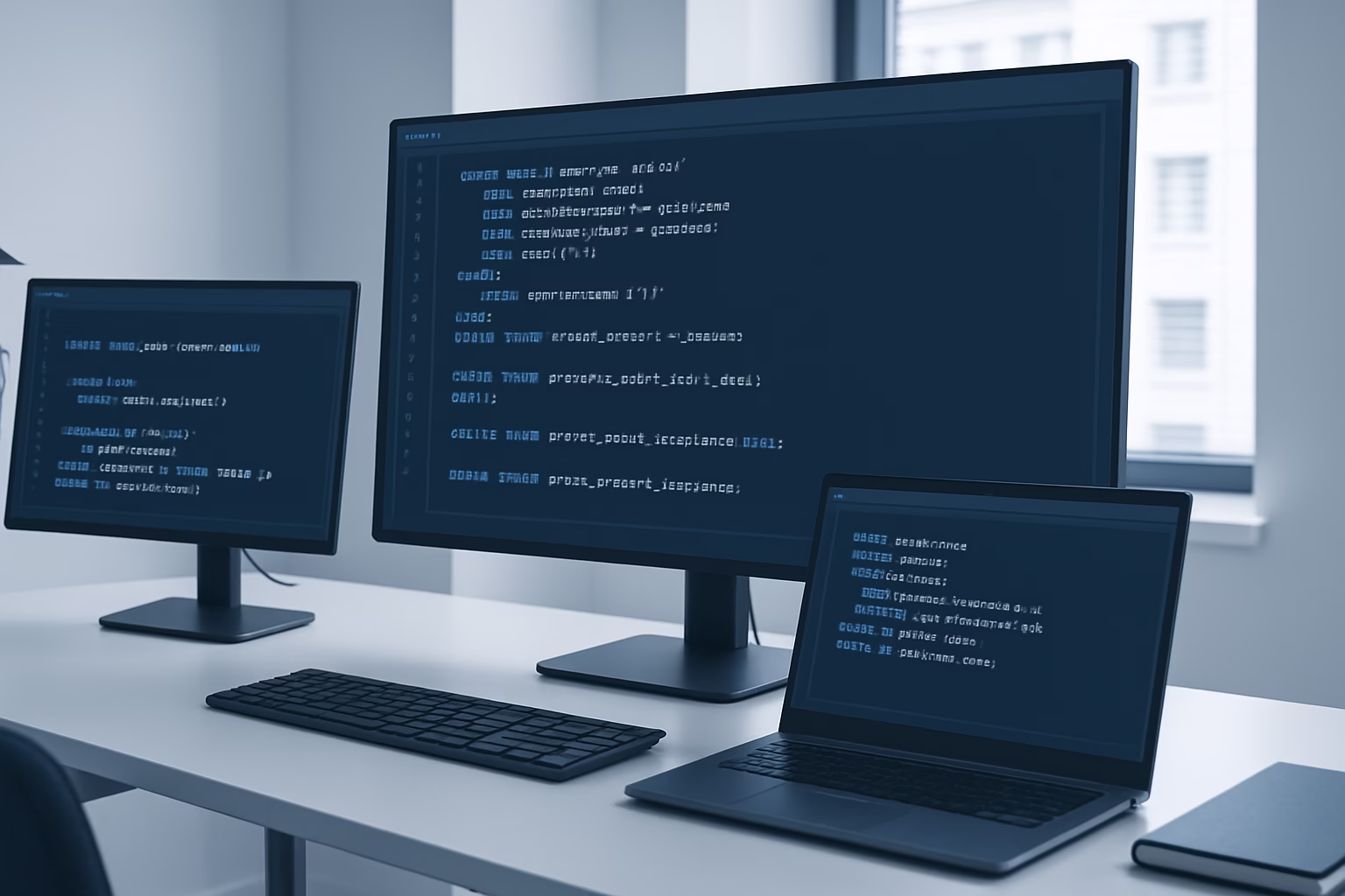 consultas SQL Server - professional workspace with multiple screens displaying complex SQL queries runn | CIPSA