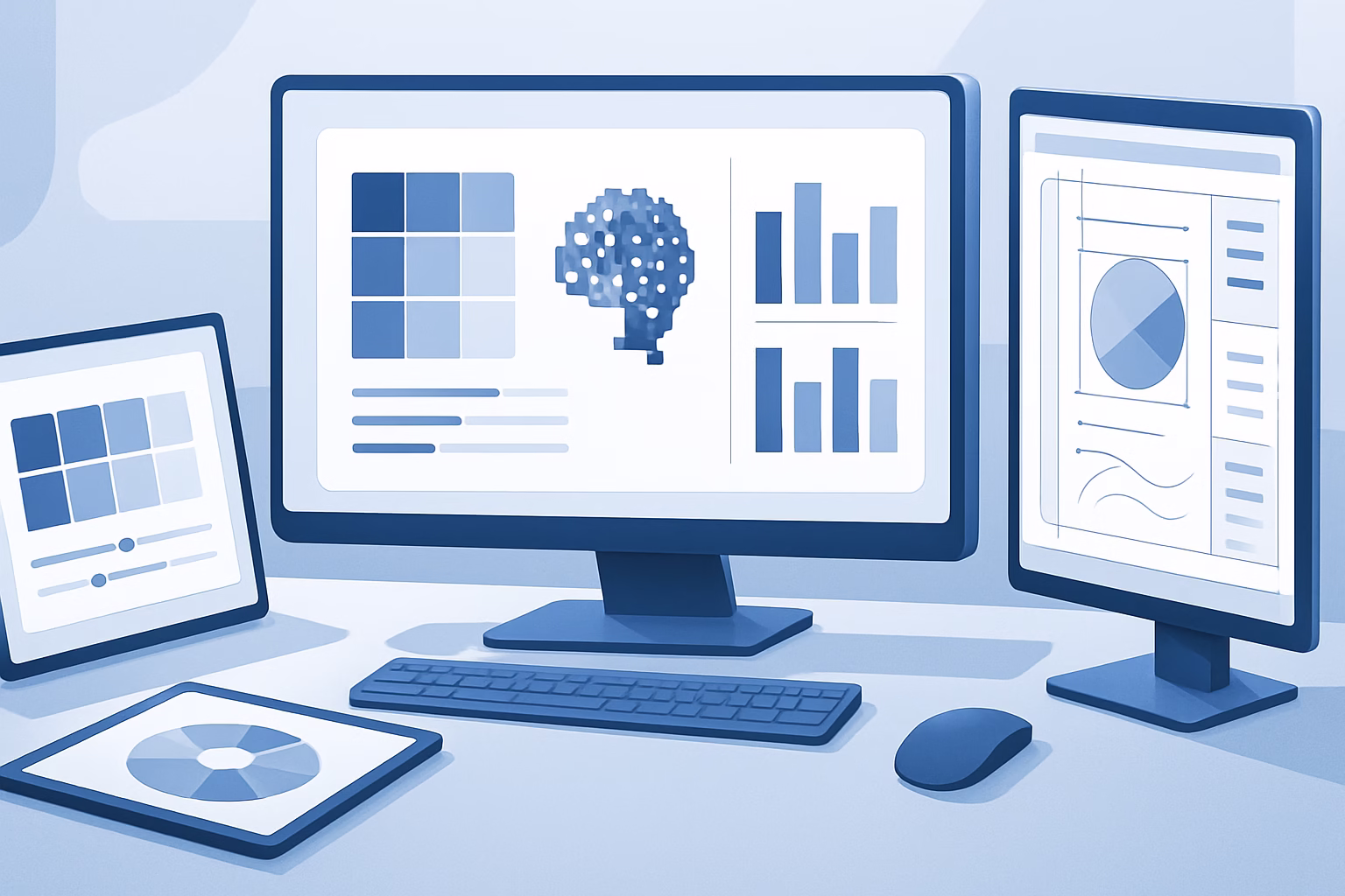 cromatología y AI - a futuristic graphic design workstation with AI tools analyzing color palettes, | CIPSA