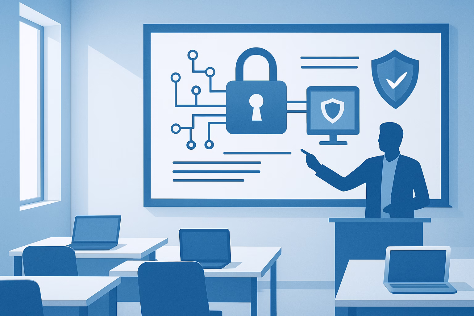 cursos ciberseguridad Barcelona - a teacher explaining cybersecurity concepts to students in a modern classroom | CIPSA