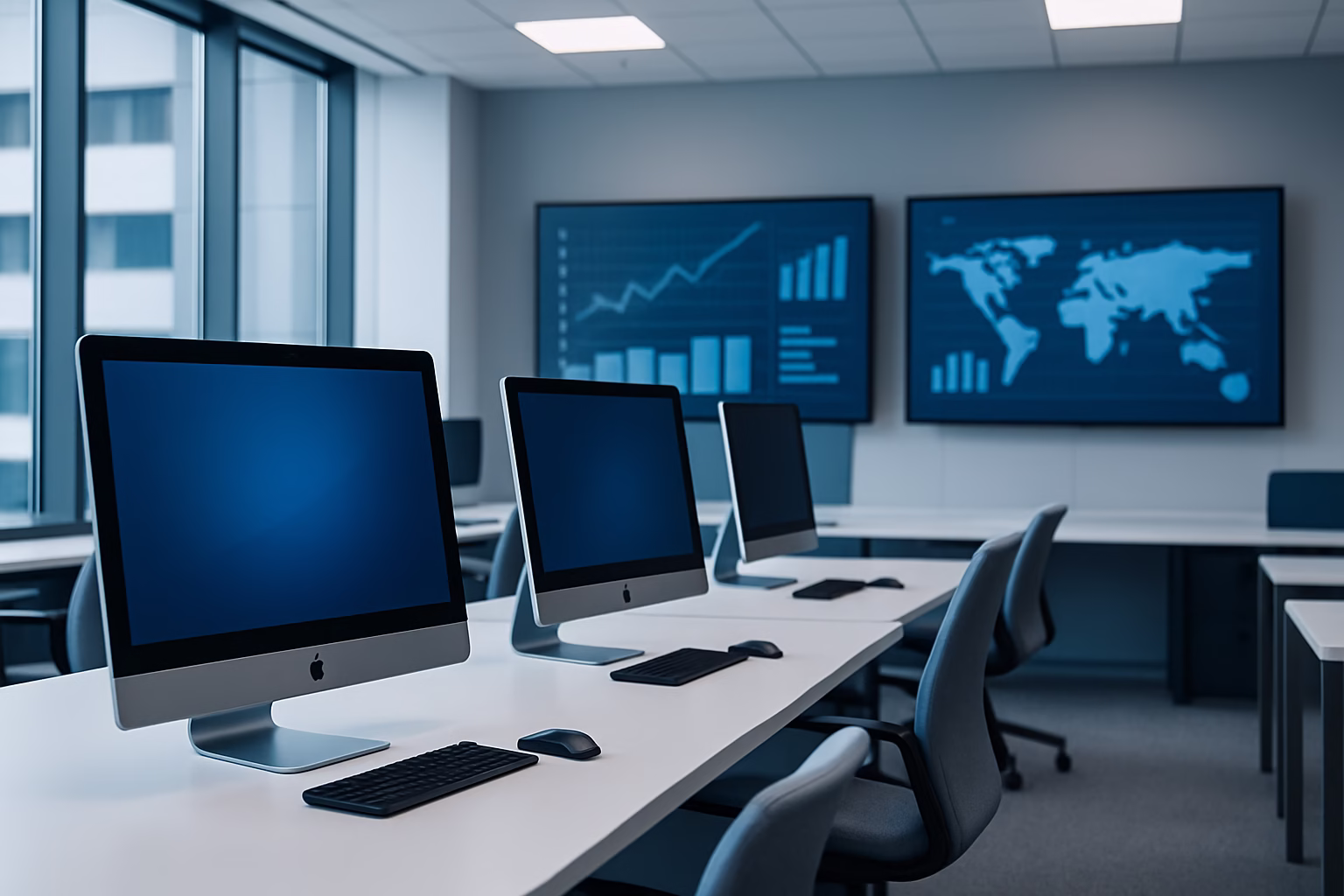 cursos de gestión empresarial - modern office environment with computers and digital displays, professional phot | CIPSA