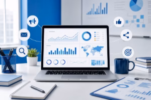 Cursos de marketing digital en Barcelona - digital marketing analytics dashboard on a laptop with charts, social media and |