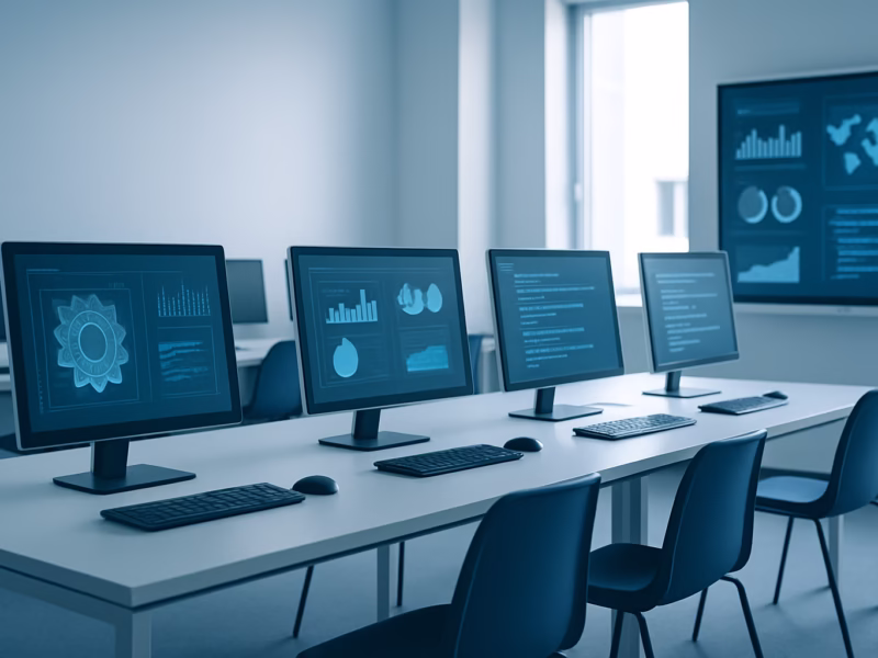 cursos de ofimática Barcelona - Modern teaching space with students working on computers and digital interfaces, | CIPSA