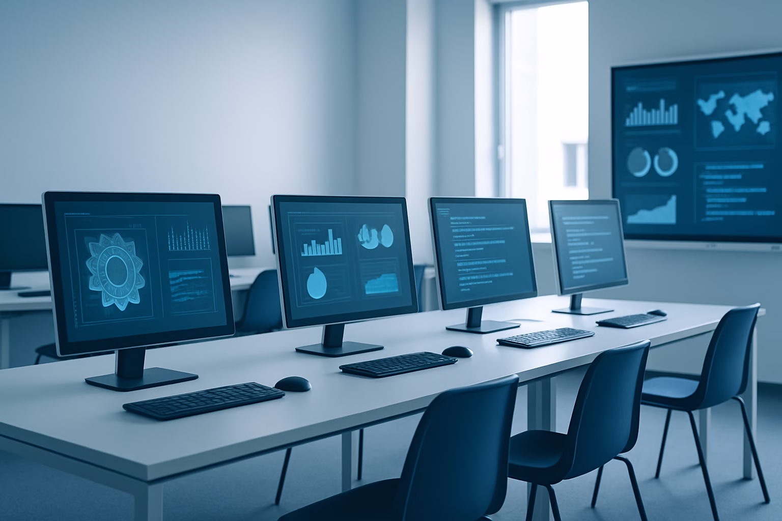 cursos de ofimática Barcelona - Modern teaching space with students working on computers and digital interfaces, | CIPSA