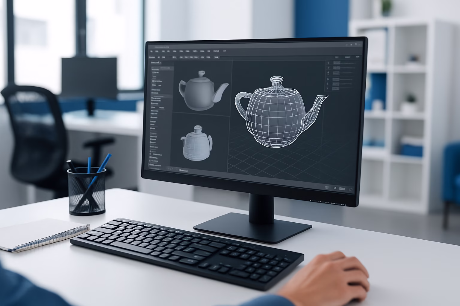 cursos diseño 3D Barcelona - young adult creating a 3D graphic model on a computer, professional photography | CIPSA