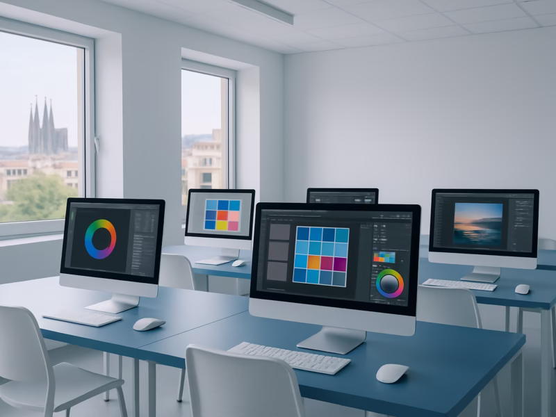 cursos diseño gráfico Barcelona - A bright, modern classroom in Barcelona with computers displaying design softwar | CIPSA