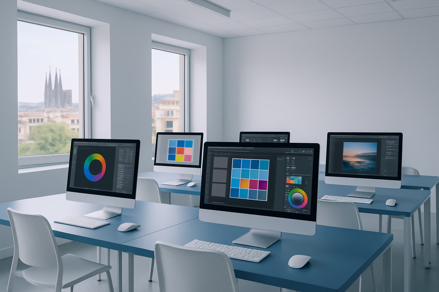 cursos diseño gráfico Barcelona - A bright, modern classroom in Barcelona with computers displaying design softwar | CIPSA