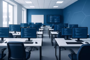 cursos programación Barcelona - modern classroom setting, students engaged in programming, high-tech environment | CIPSA