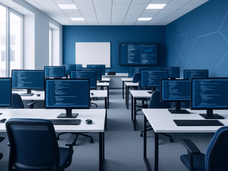 cursos programación Barcelona - modern classroom setting, students engaged in programming, high-tech environment | CIPSA