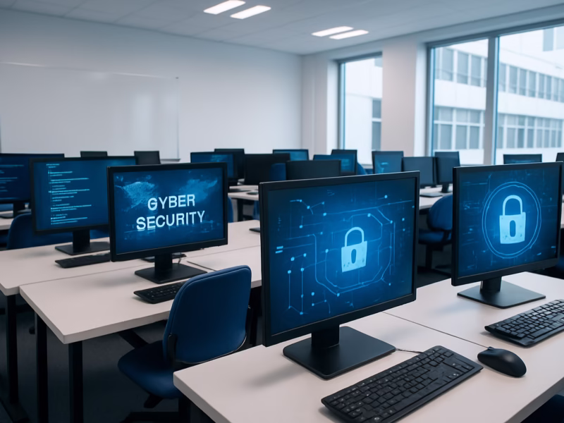 cursos redes y ciberseguridad - A bustling modern classroom full of students learning IT and cybersecurity, prof | CIPSA