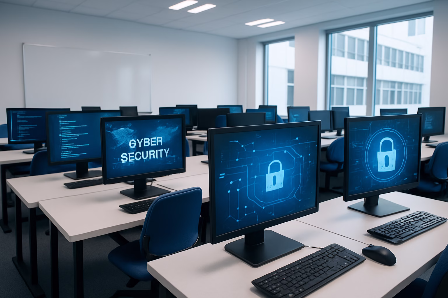 cursos redes y ciberseguridad - A bustling modern classroom full of students learning IT and cybersecurity, prof | CIPSA