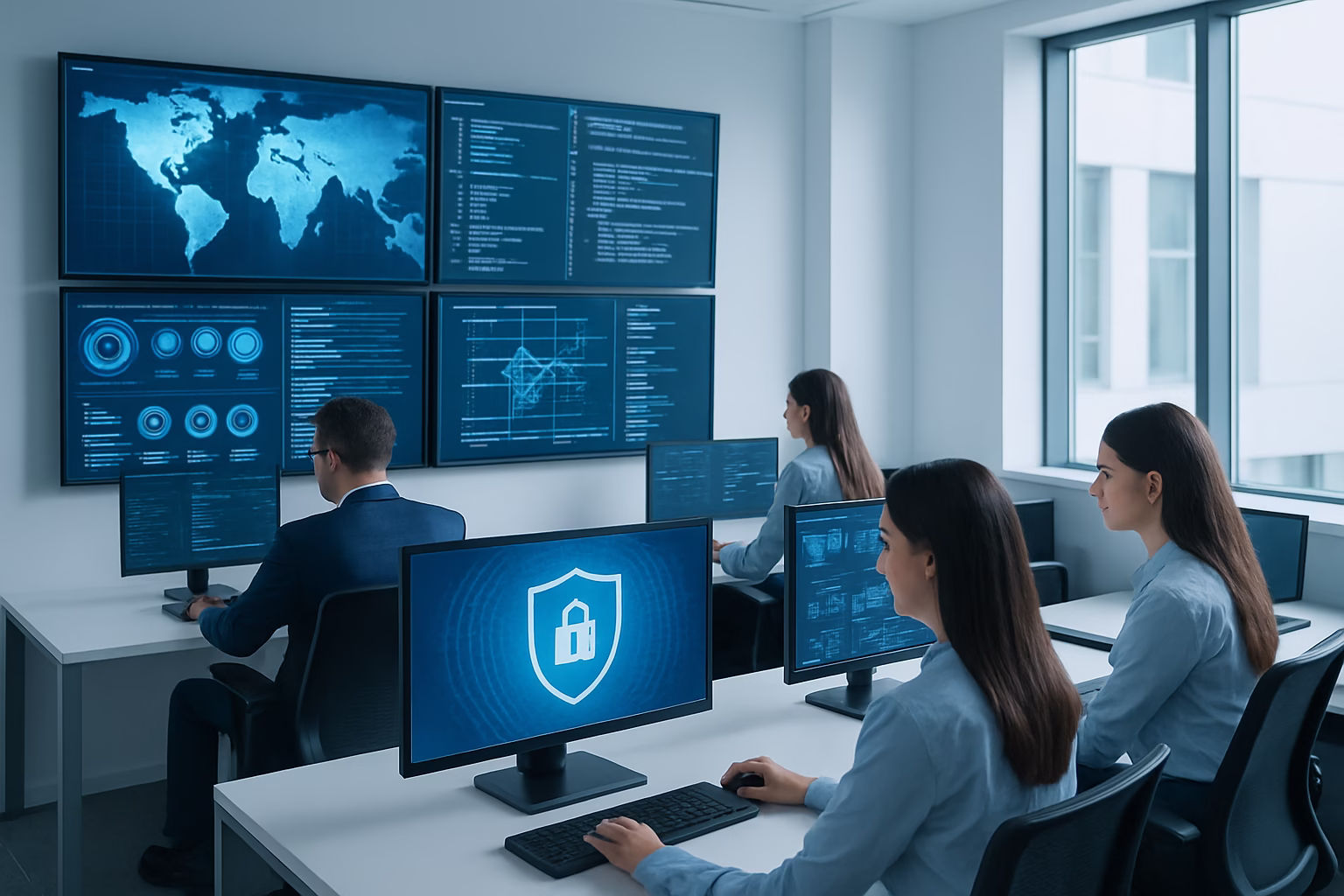 cursos redes y ciberseguridad - A diverse group of young professionals working in a high-tech cybersecurity firm | CIPSA
