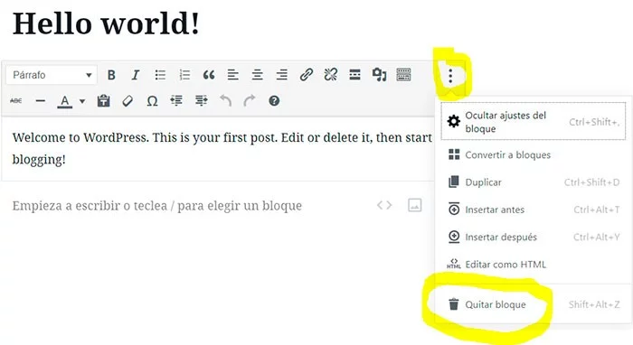 Cómo eliminar bloques en Gutemberg eliminar bloques en gutemberg