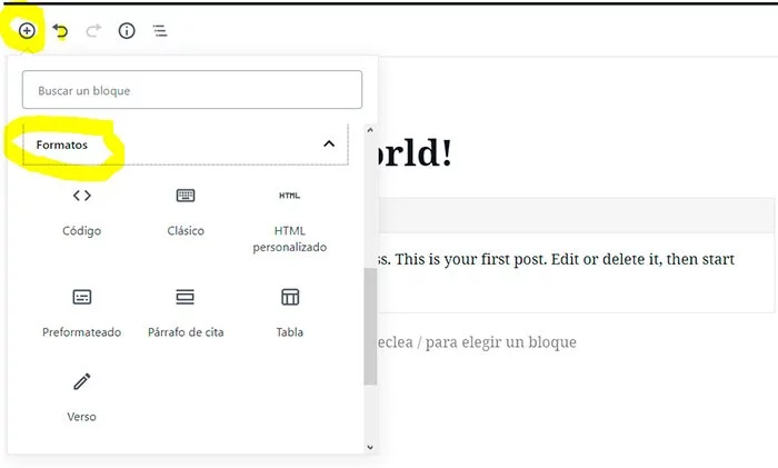 Cómo localizar apartado Formatos en Gutemberg cómo localizar formatos en gutemberg