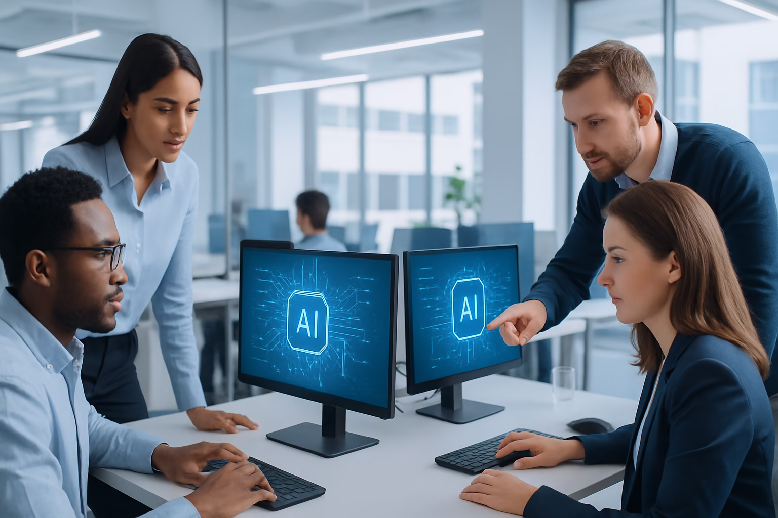 IA Community Manager - modern office with AI-powered computers and diverse group collaborating, profess | CIPSA