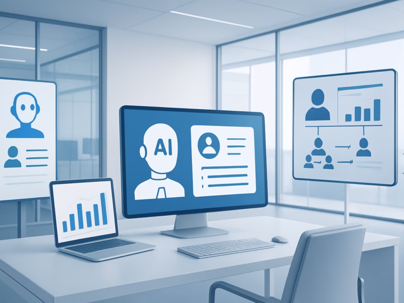 IA en Recursos Humanos - A futuristic office with AI-powered systems working in HR, professional style, n | CIPSA