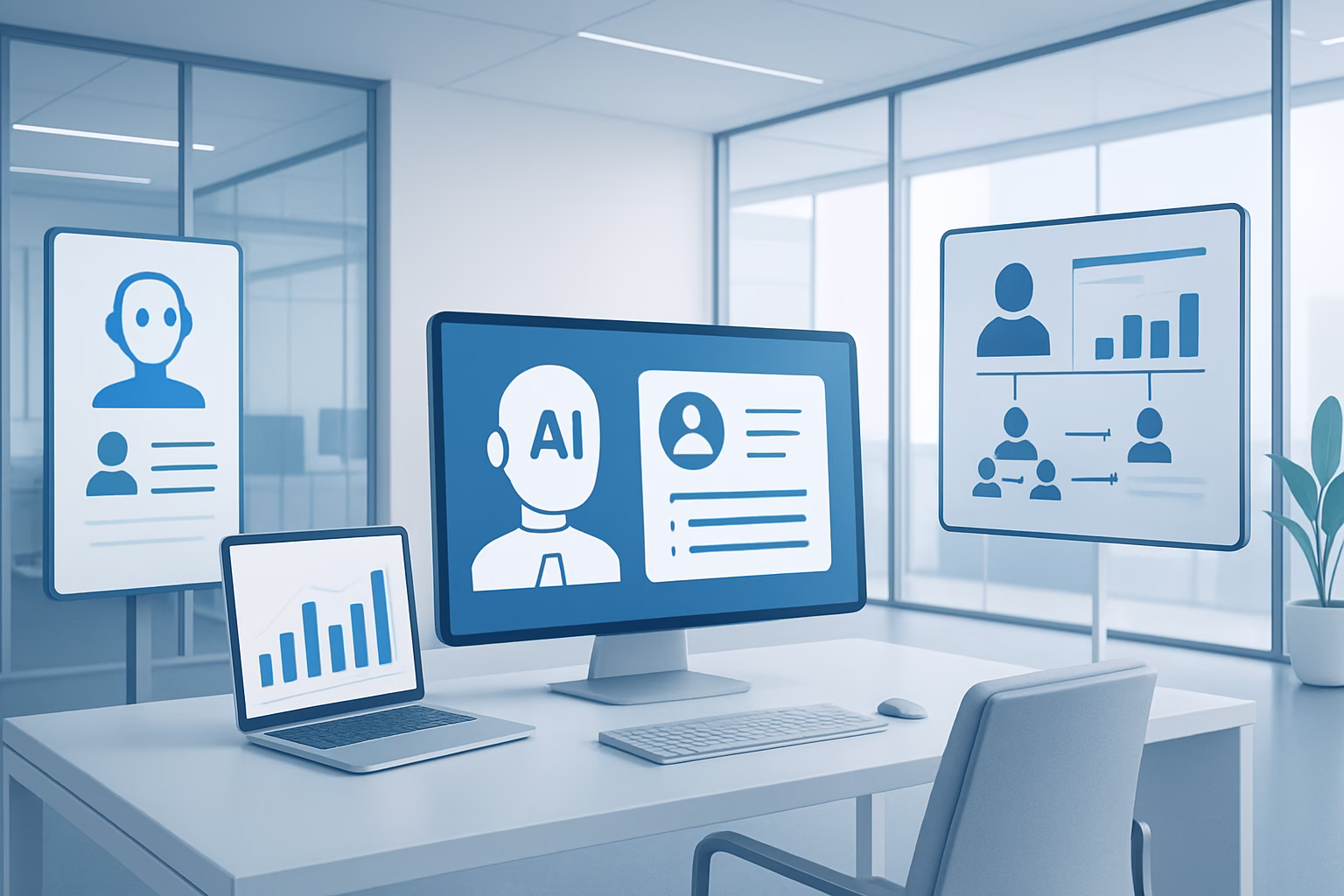 IA en Recursos Humanos - A futuristic office with AI-powered systems working in HR, professional style, n | CIPSA
