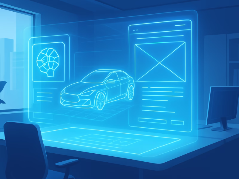 IA generativa diseño - A futuristic workspace with a designer interacting with holographic AI-generated | CIPSA
