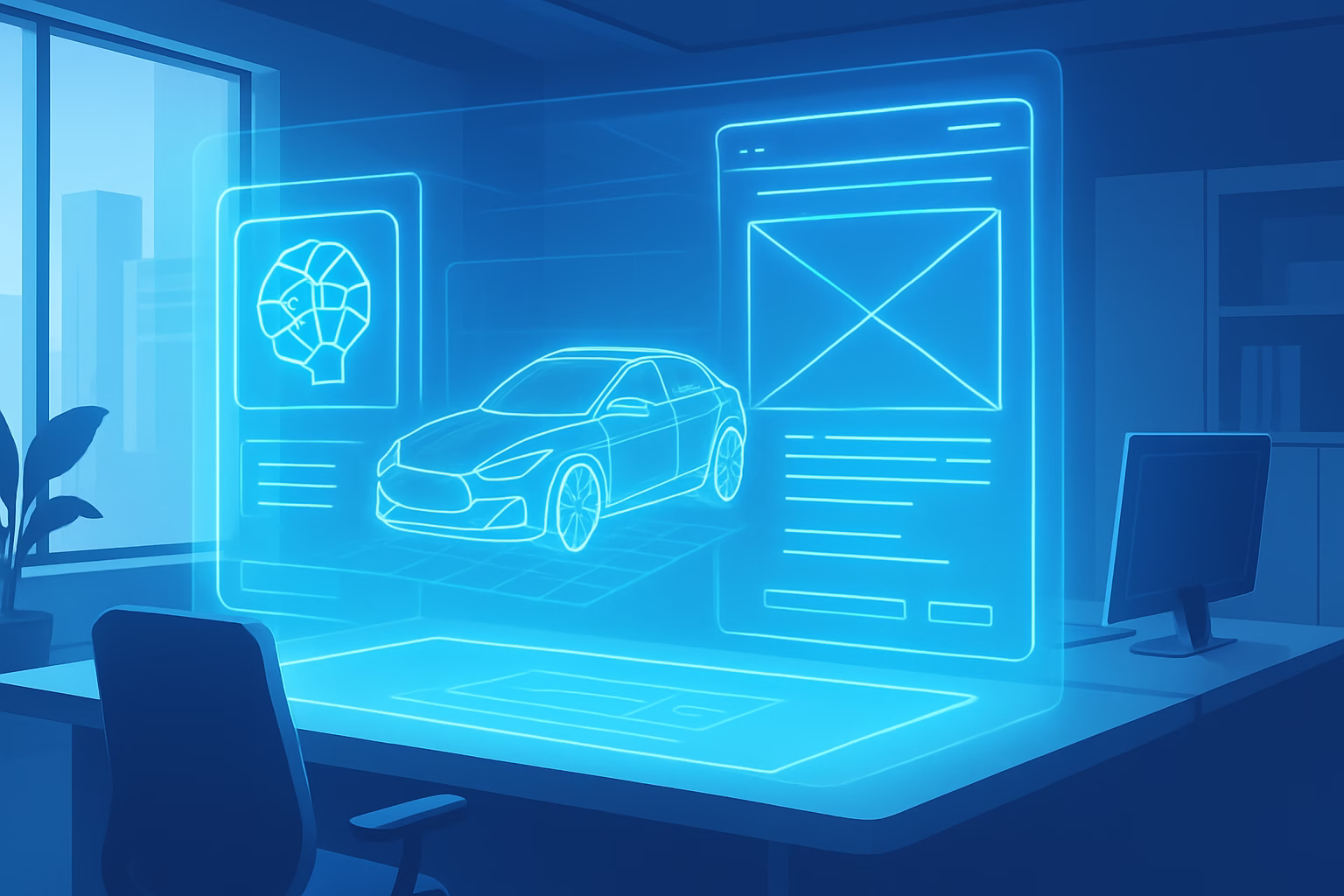 IA generativa diseño - A futuristic workspace with a designer interacting with holographic AI-generated | CIPSA