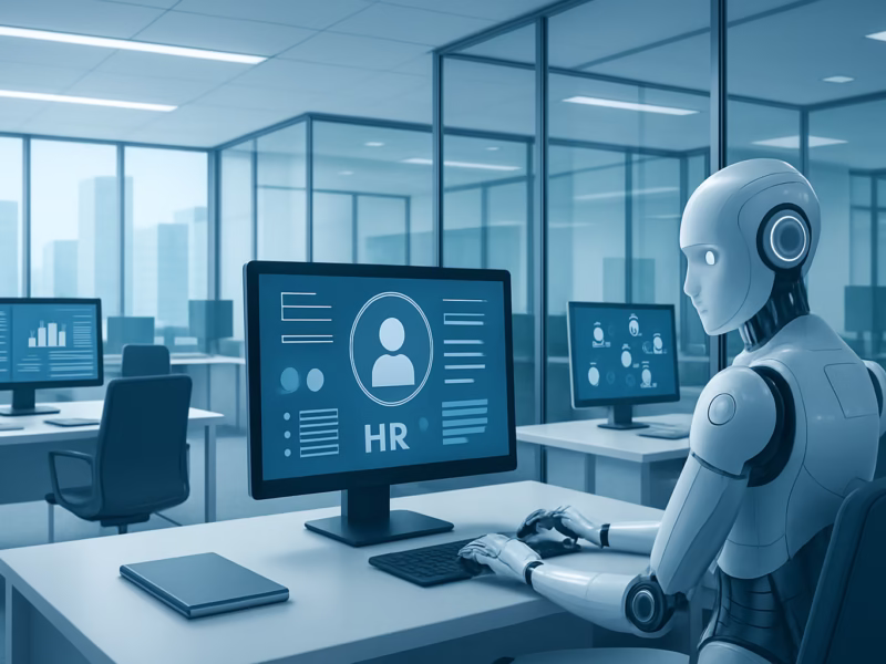 IA gestión personal - futuristic office with AI assistant working alongside HR professionals, professi | CIPSA