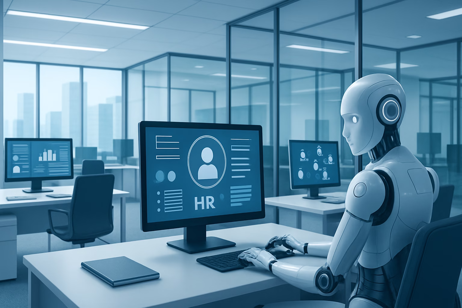 IA gestión personal - futuristic office with AI assistant working alongside HR professionals, professi | CIPSA
