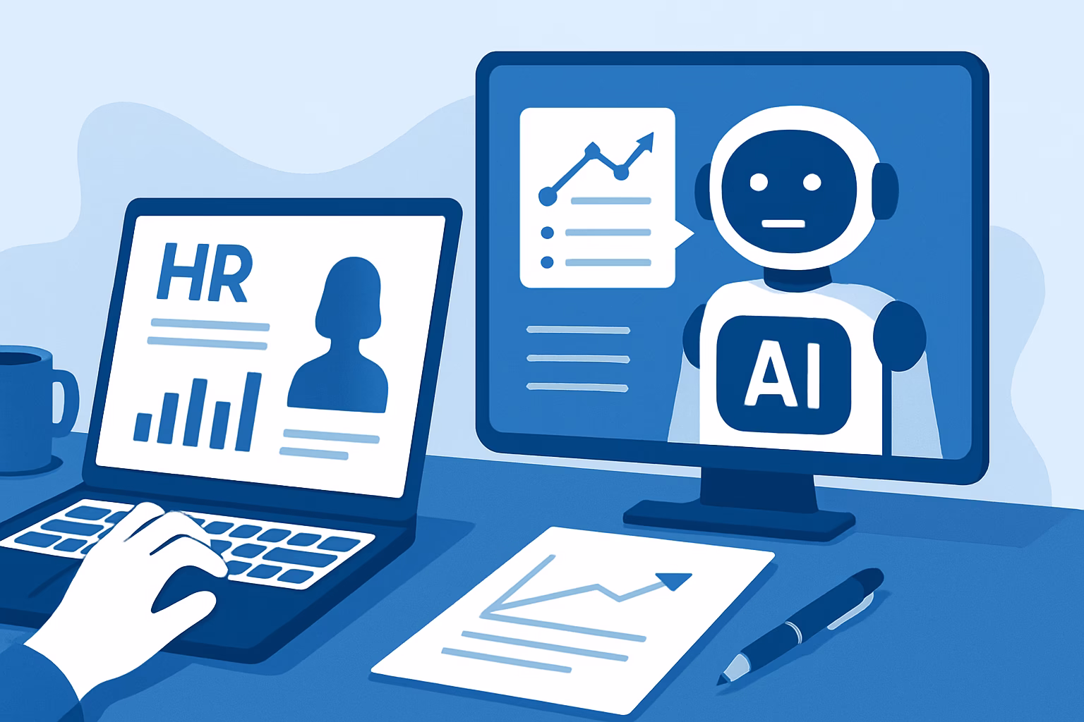 IA gestión personal - HR manager consulting with AI assistant on future workforce trends, professional | CIPSA