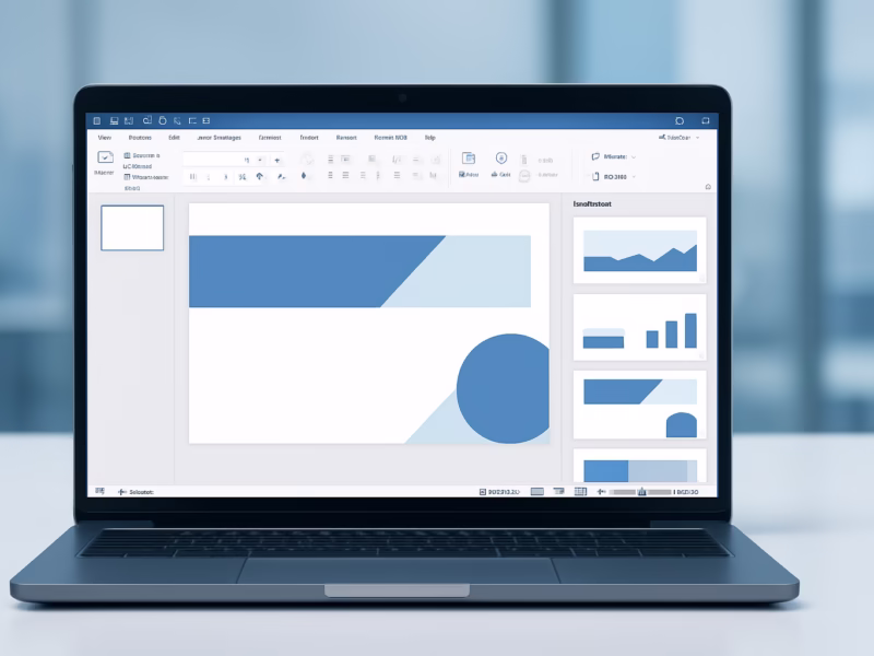 IA PowerPoint 2016 - A laptop showing PowerPoint 2016 with AI design suggestions, professional style, | CIPSA