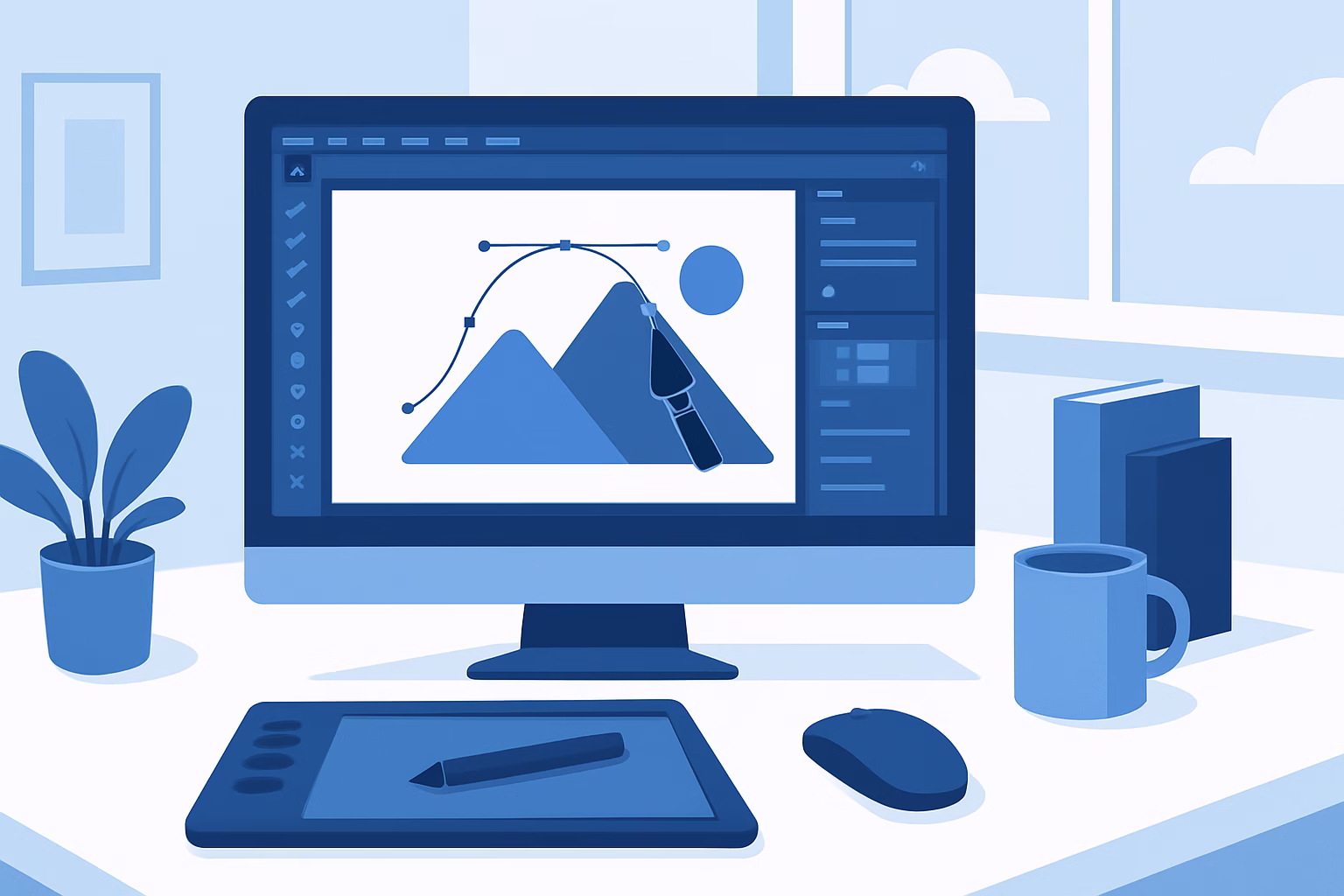illustrator vs indesign - A designer using Adobe Illustrator to create vector graphics, bright workspace, | CIPSA