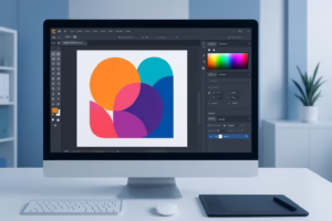illustrator vs indesign - A designer working with Adobe Illustrator, showing the colorful interface, profe | CIPSA