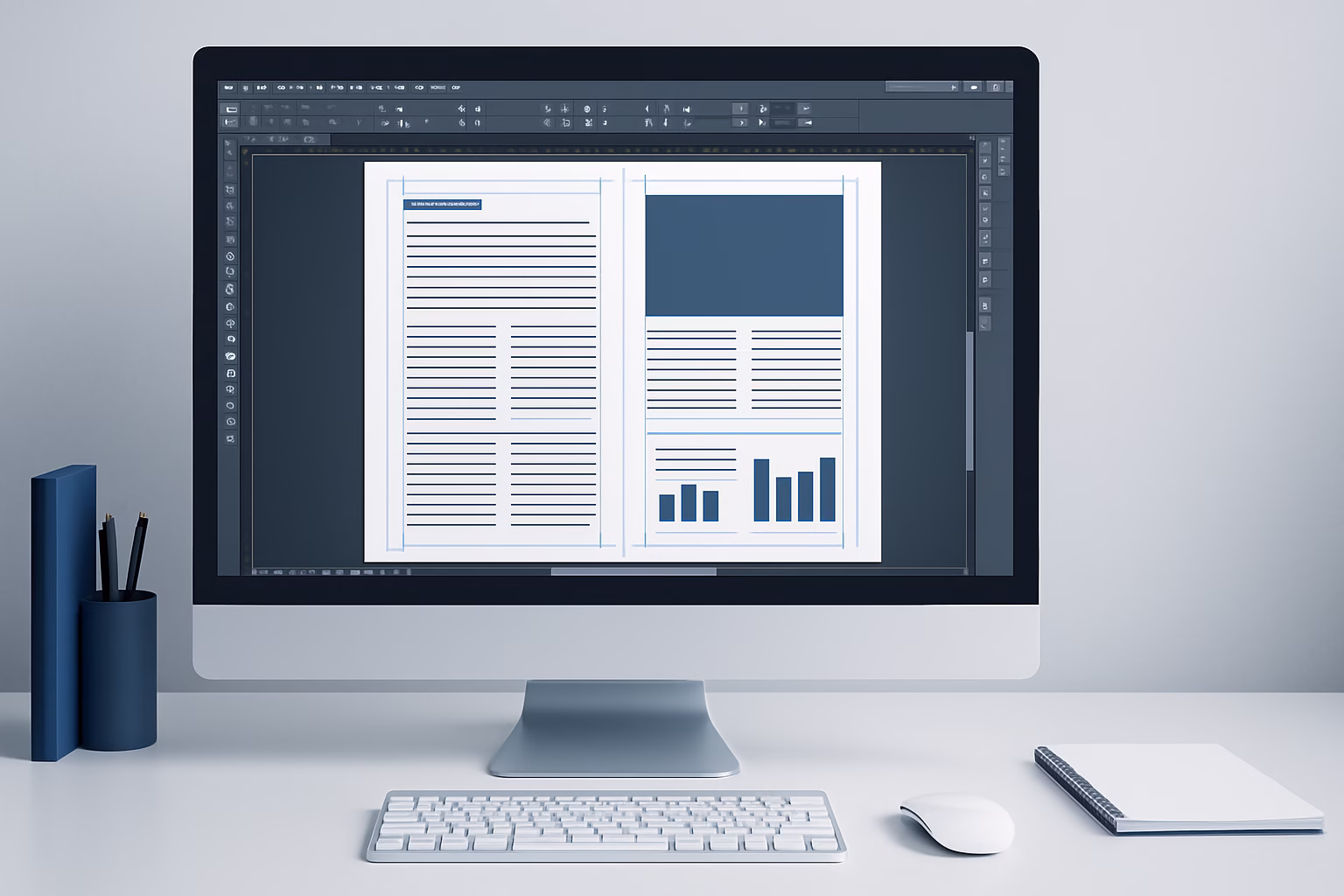 illustrator vs indesign - A designer working on a complex document layout in Adobe InDesign, high-quality  | CIPSA