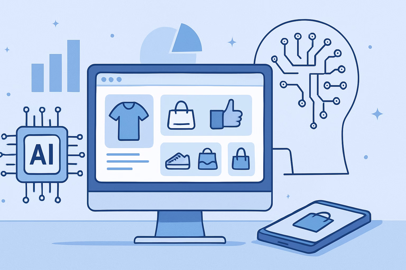 Inteligencia Artificial e-commerce - Detailed scene of AI personalized shopping recommendations, professional style, | CIPSA