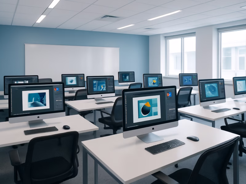 máster diseño gráfico Barcelona - modern classroom with graphic design students working on computers, professional | CIPSA