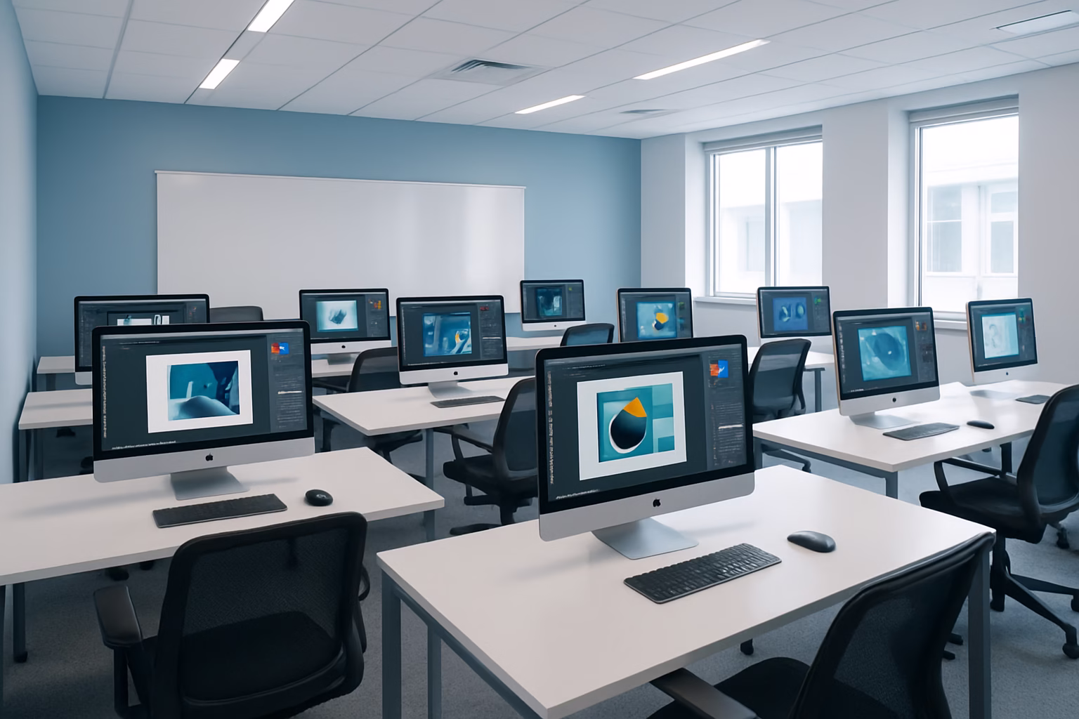 máster diseño gráfico Barcelona - modern classroom with graphic design students working on computers, professional | CIPSA