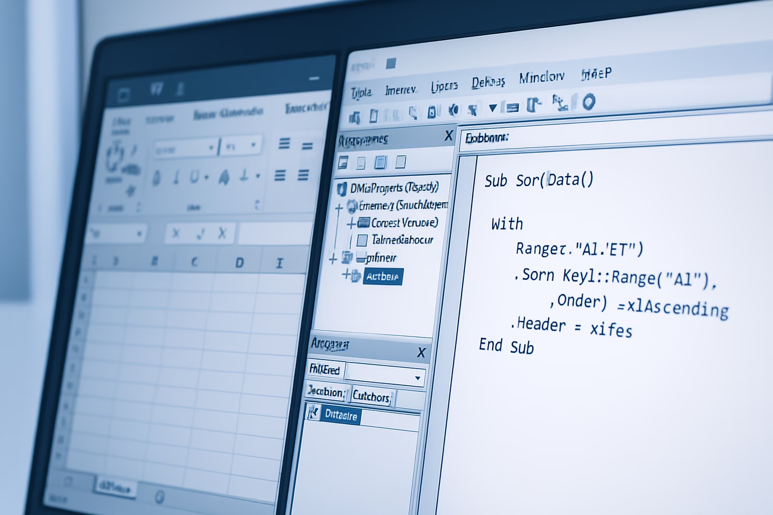 Macros Excel 2016 - close-up of Excel screen showing code in VBA editor, professional style, no text | CIPSA