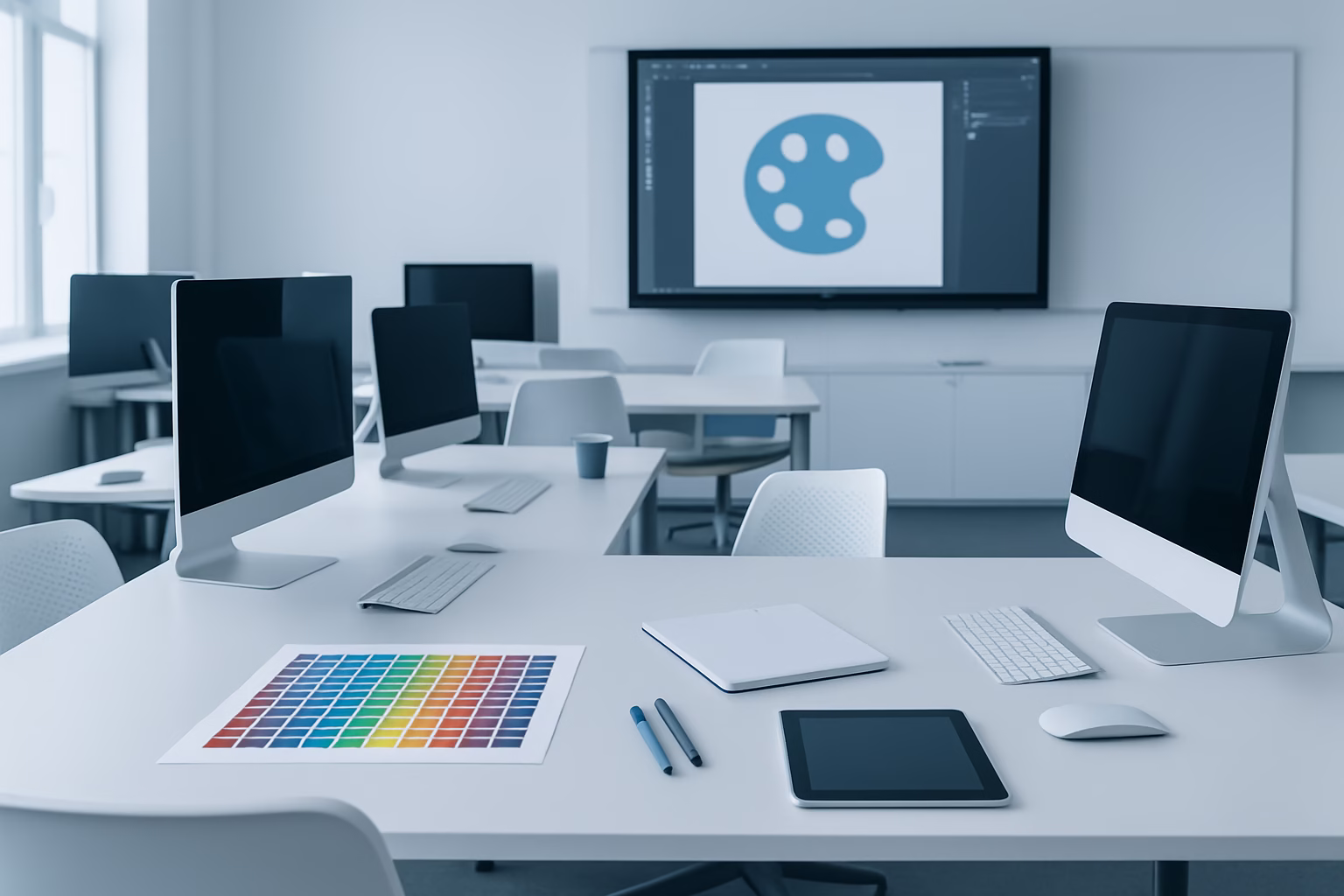 master diseño gráfico Barcelona - Graphic design students collaborating in a modern classroom, professional photog | CIPSA