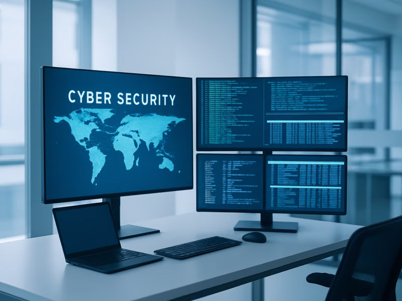 matricularse curso ciberseguridad - Cybersecurity expert in a modern office, reviewing network data on multiple scre | CIPSA