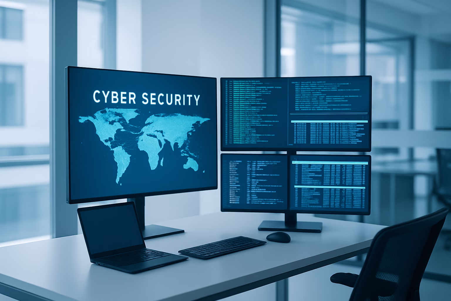 matricularse curso ciberseguridad - Cybersecurity expert in a modern office, reviewing network data on multiple scre | CIPSA